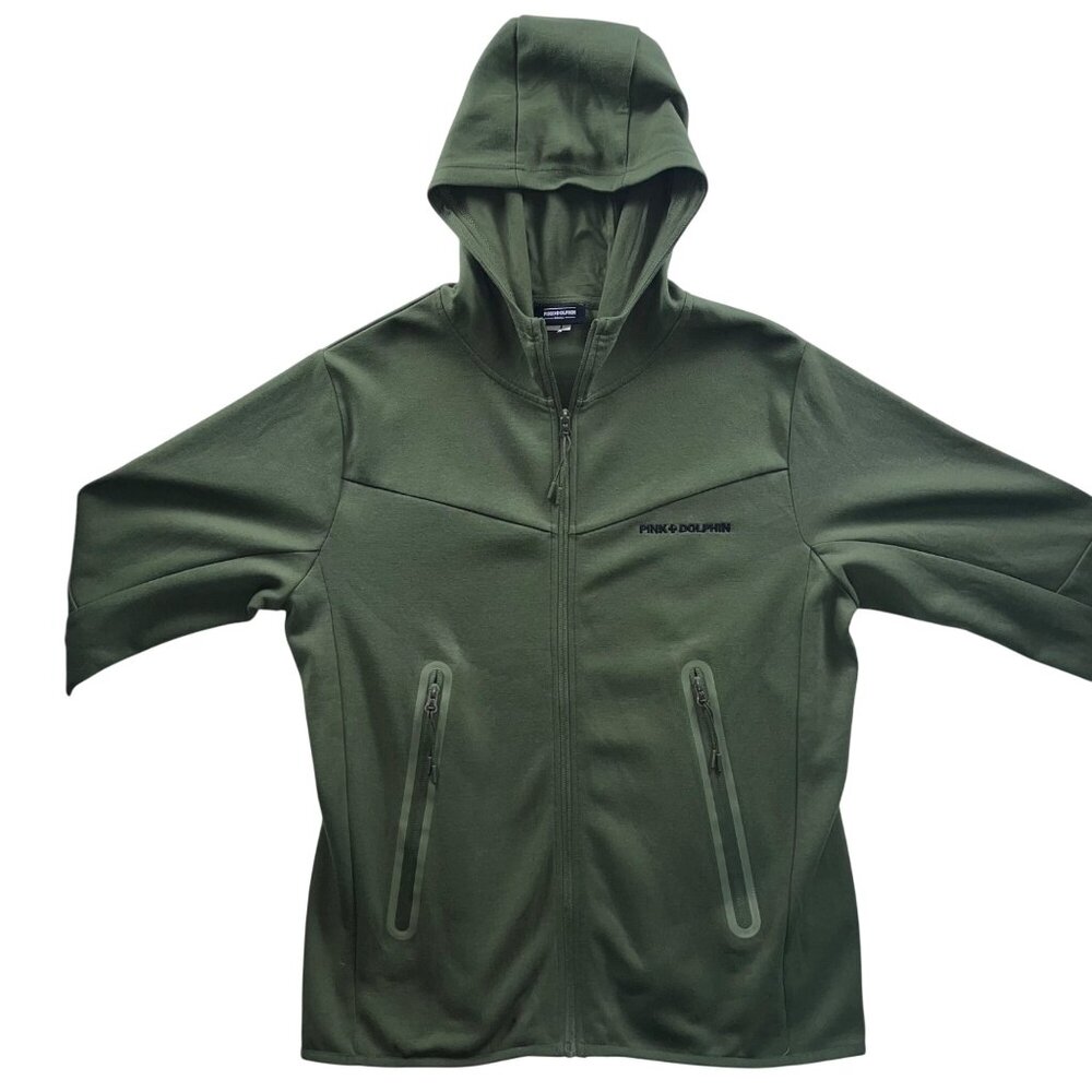 Pink + Dolphin Olive Green Full Zip Hoodie With Zippered Pockets & Embroidered L